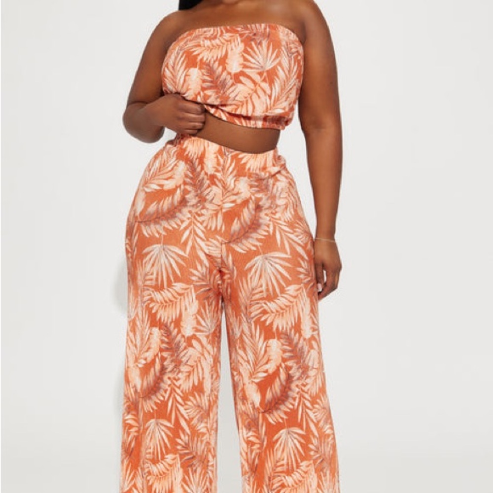 Fashion Nova Orange and White Jumpsuit with Tropical Print